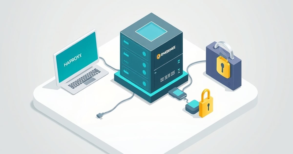Isometric vector illustration showing OPNsense firewall with HAProxy and Let's Encrypt SSL integration for secure reverse proxy setup.
