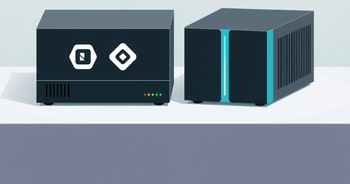 Two parallel rows of networking equipment in a rack, evoking a side-by-side firewall comparison